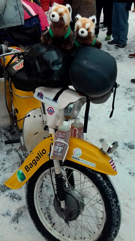 Bagalio Pandas auf Pionier-Mopeds