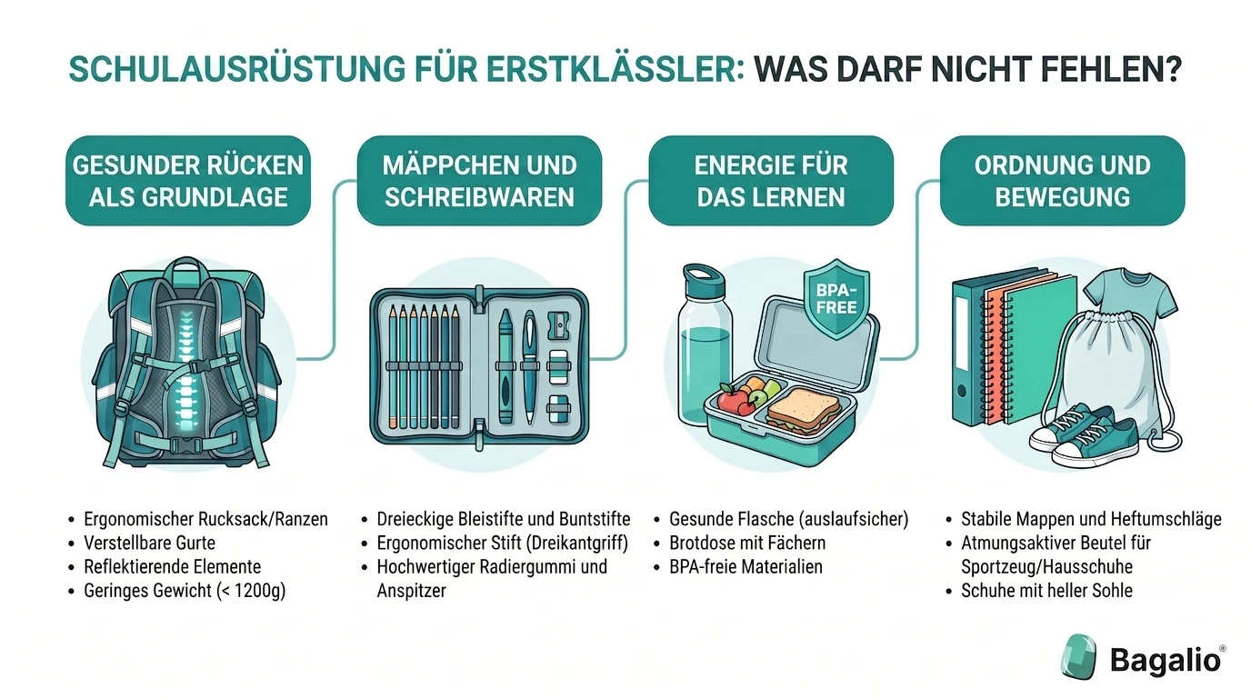 Infografik mit einer Liste der Schulausstattung für Erstklässler