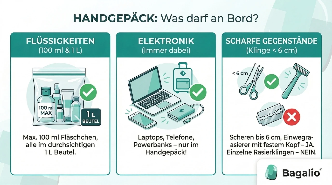 Infografik: Was man ins Flugzeug mitnehmen darf – Regeln für Flüssigkeiten, Elektronik und scharfe Gegenstände im Handgepäck.