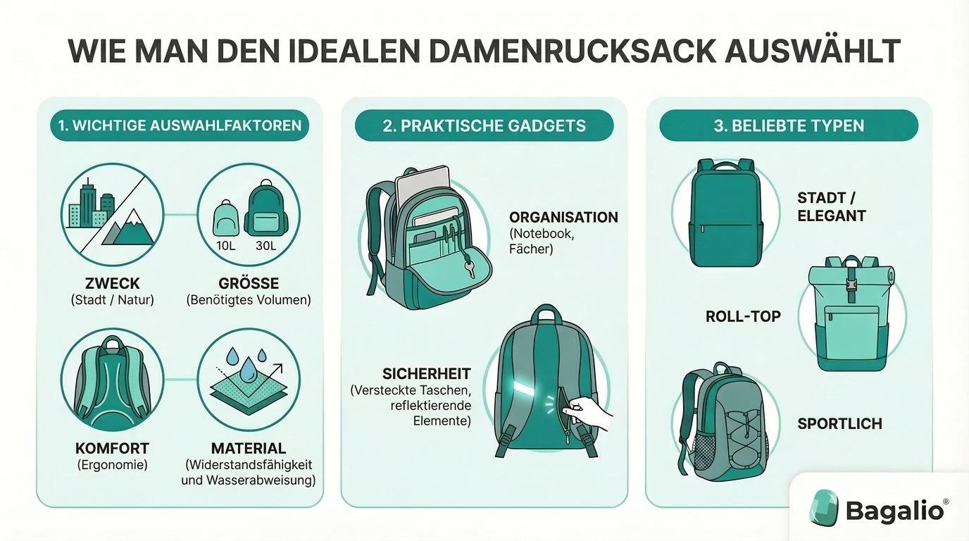Infografik: So wählen Sie den idealen Damenrucksack nach Größe, Material und Typ aus