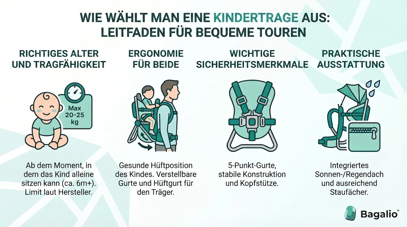 Infografik mit Tipps zur Auswahl der richtigen Babytrage: Tragetypen, Gurteinstellung und eine sichere Position des Kindes.