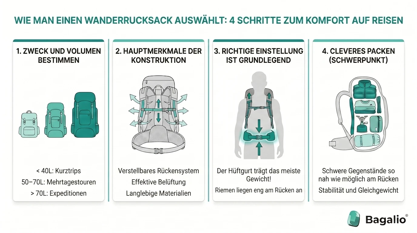 Infografik: In 4 Schritten den richtigen Trekkingrucksack wählen – Volumen, Konstruktion, Einstellung und Packen