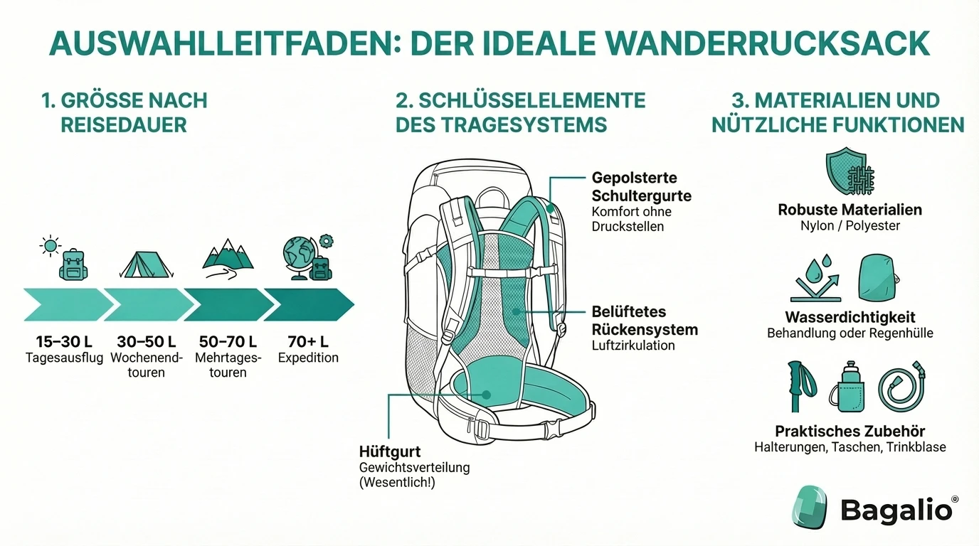Infografik: So wählen Sie einen Wanderrucksack nach Größe und Funktionen aus