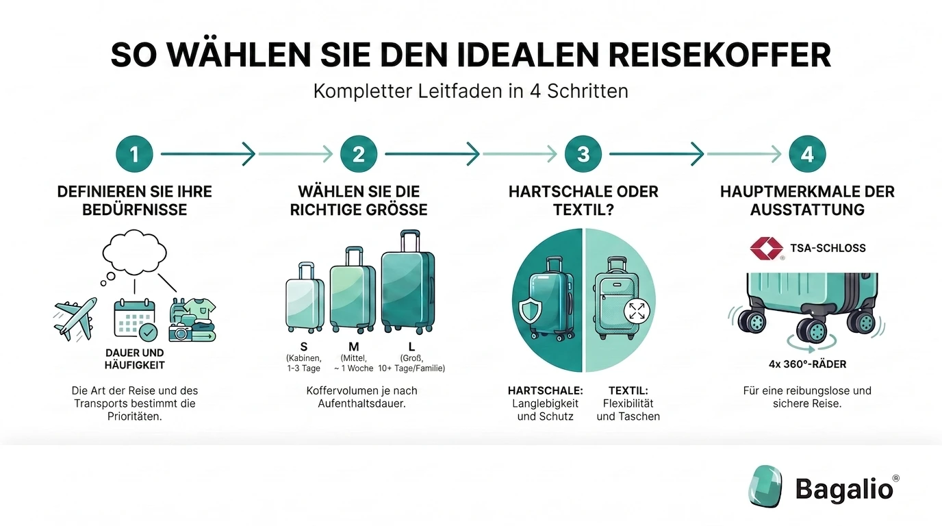Infografik: In 4 Schritten den richtigen Reisekoffer wählen – Bedarf, Größe, Material und Ausstattung