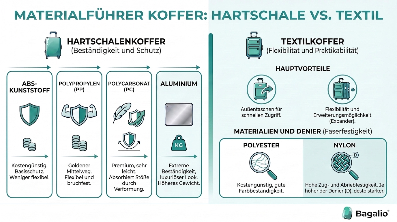 Infografik zum Vergleich von Koffermaterialien: Hartschale (ABS, Polypropylen, Polycarbonat, Aluminium) und Textil (Polyester, Nylon)