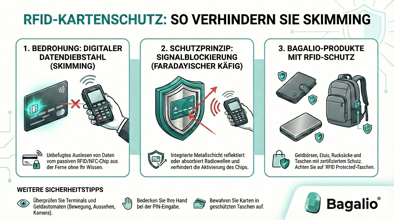 Infografik über RFID-Kartenschutz und Skimming-Prävention von Bagalio.