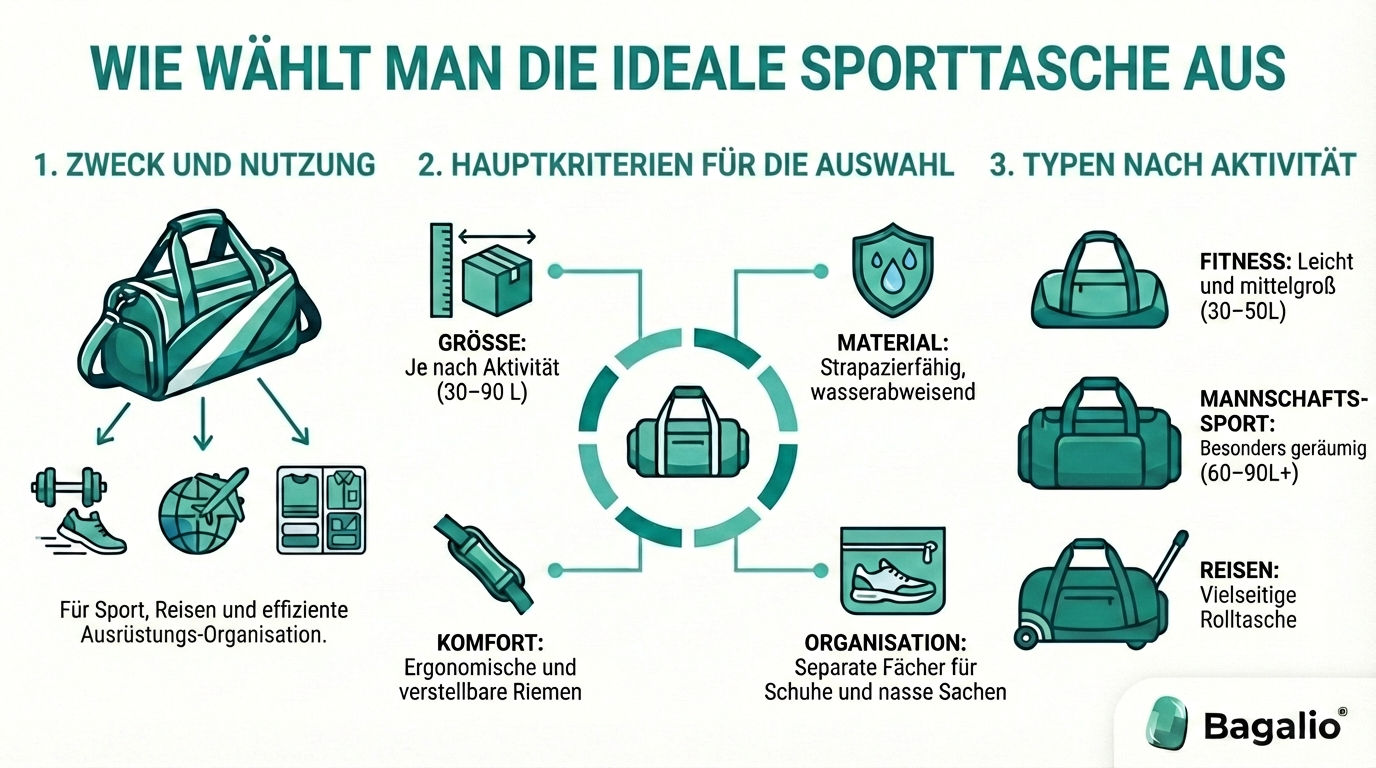 Infografik: Wie man die ideale Sporttasche nach Zweck, Größe und Material auswählt.